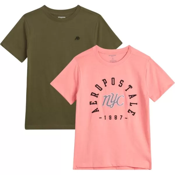 AEROPOSTALE Boys TShirts  2 Pack Short Sleeve Graphic T Shirts for Boys  Classic Boys Crewneck Logo Tees 416Green ShellsPink