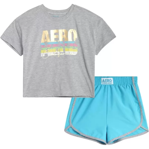 AEROPOSTALE Girls Shorts Set  2 Piece Jersey Graphic Tee and Poly Woven Dolphin Shorts  Summer Outfit for Girls 412Grey Blue