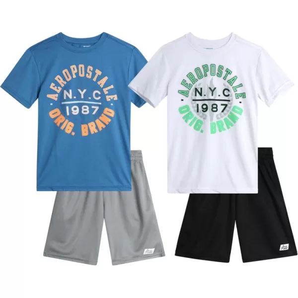 AEROPOSTALE Boys Active Shorts Set  4 Piece Short Sleeve TShirt and Mesh Gym Shorts  Activewear Outfit for Boys 412Blue White