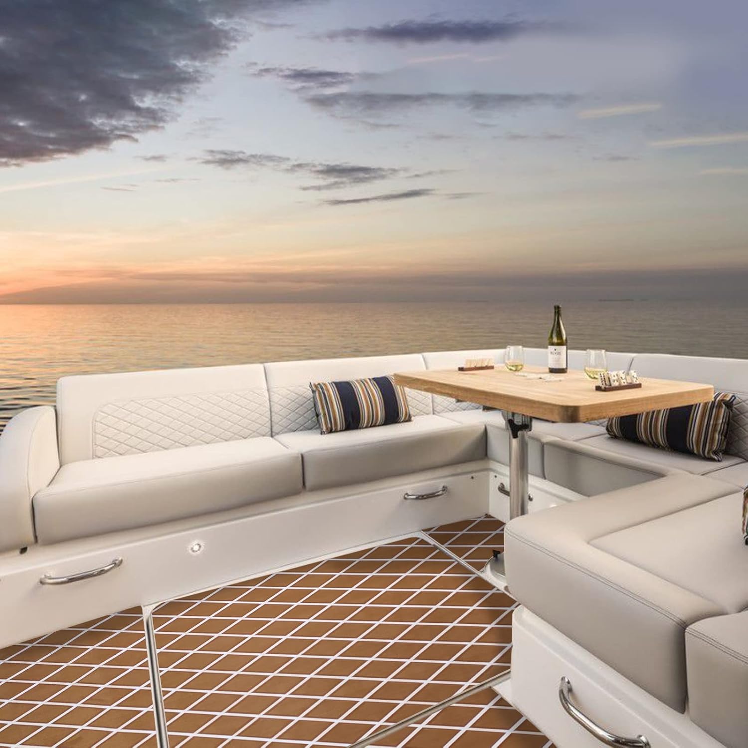 imageKXKZREN EVA Foam Boat Flooring Decking Sheet 6mm Thick Diamond AntiSlip Marine Flooring Mat Self Adhesive Deck Pad for Bass Boat Yacht Motorboat RV Cooler Tops 748quotx276quot  938quotx439quotBrown With White Diamond Seam Lines