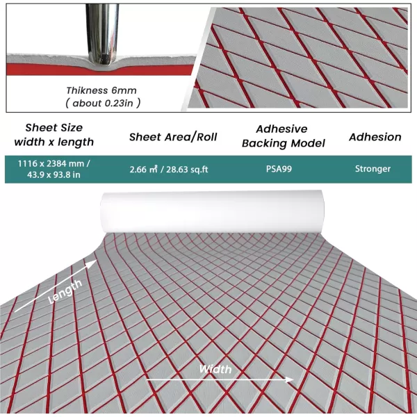 imageKXKZREN EVA Foam Boat Flooring Decking Sheet 6mm Thick Diamond AntiSlip Marine Flooring Mat Self Adhesive Deck Pad for Bass Boat Yacht Motorboat RV Cooler Tops 748quotx276quot  938quotx439quotGrey With Red Seam  Matchable Diamond 