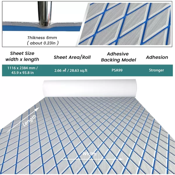 imageKXKZREN EVA Foam Boat Flooring Decking Sheet 6mm Thick Diamond AntiSlip Marine Flooring Mat Self Adhesive Deck Pad for Bass Boat Yacht Motorboat RV Cooler Tops 748quotx276quot  938quotx439quotGrey with Blue Seam  Matchable Diamond 