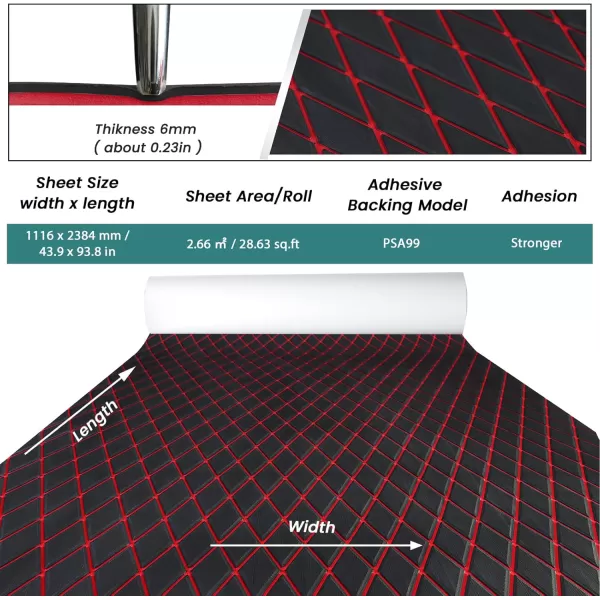 imageKXKZREN EVA Foam Boat Flooring Decking Sheet 6mm Thick Diamond AntiSlip Marine Flooring Mat Self Adhesive Deck Pad for Bass Boat Yacht Motorboat RV Cooler Tops 748quotx276quot  938quotx439quotBlack with Red Seam  Matchable Diamond 