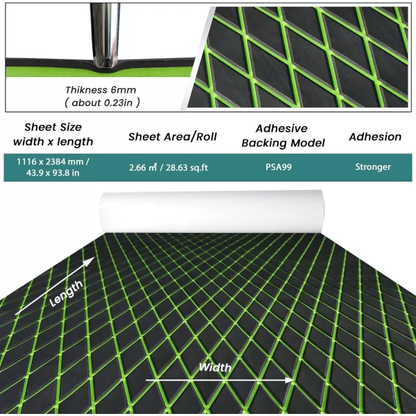 imageKXKZREN EVA Foam Boat Flooring Decking Sheet 6mm Thick Diamond AntiSlip Marine Flooring Mat Self Adhesive Deck Pad for Bass Boat Yacht Motorboat RV Cooler Tops 748quotx276quot  938quotx439quotBlack with Green Seam  Matchable Diamond 