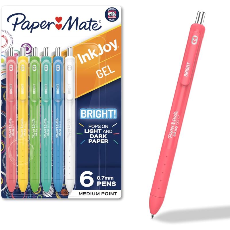 imagePaper Mate InkJoy Bright Gel Pens Medium Point 07mm Retractable Assorted Opaque Ink 6Pack Comfortable Grip Vivid ColorsRetractable