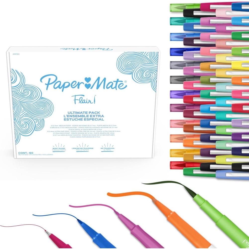 imagePaper Mate Flair Felt Tip Pens Ultimate Pack Features 5 Different Types of Pens Assorted Colors 60 Count
