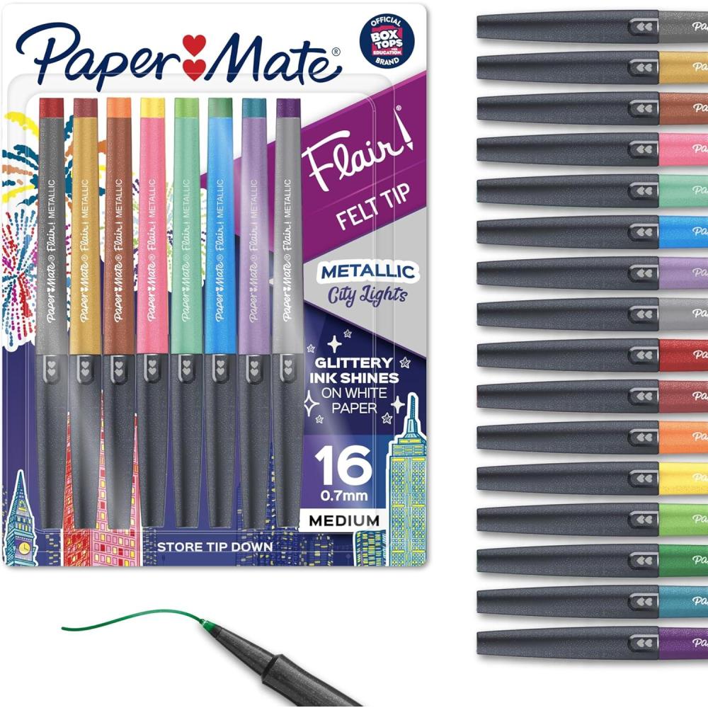 imagePaper Mate Flair Metallic Felt Tip Pens City Lights Collection Glittery Assorted Colors Premium Ink 16 Count Perfect for Writing Doodling and Bullet Journaling16 Count