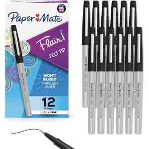 imagePaper Mate Flair Felt Tip Pens Ultra Fine Point 04mm Black 12 Count perfect for precise and expressive writing1Dozen