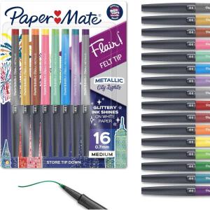 imagePaper Mate Flair Metallic Felt Tip Pens City Lights Collection Glittery Assorted Colors Premium Ink 16 Count Perfect for Writing Doodling and Bullet Journaling16 Count