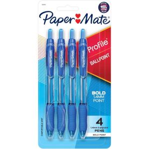 imagePaper Mate Profile Retractable Ballpoint Pen Bold Point Translucent Barrel Blue Ink 4 Count