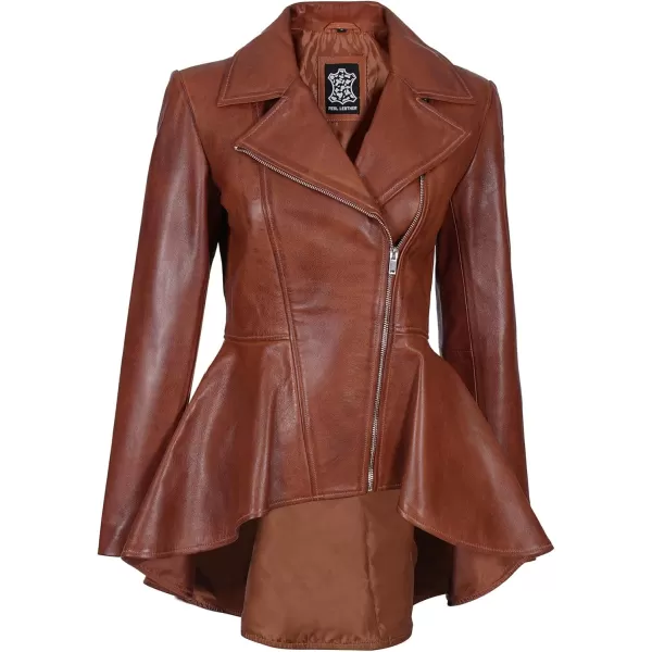 imageBlingsoul Leather Jackets For Women  Real Lambskin Womens Motorcycle Leather JacketClarissa Peplum  Cognac Jacket