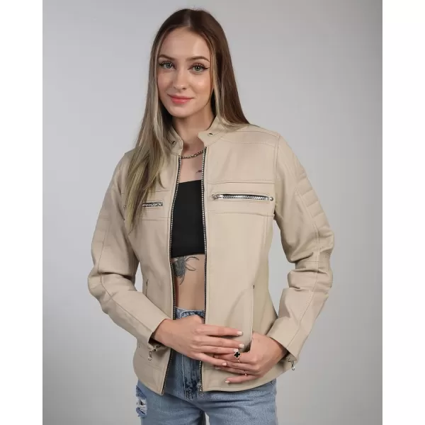 imageBlingsoul Cafe Racer Leather Jacket Womens  Stylish Real Lambskin Leather Jackets for WomenCafe Racer  Beige Jacket