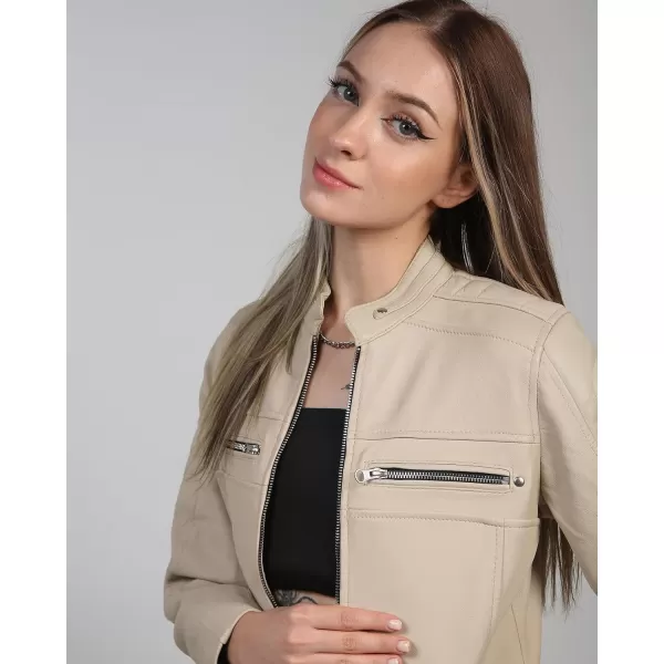 imageBlingsoul Cafe Racer Leather Jacket Womens  Stylish Real Lambskin Leather Jackets for WomenCafe Racer  Beige Jacket