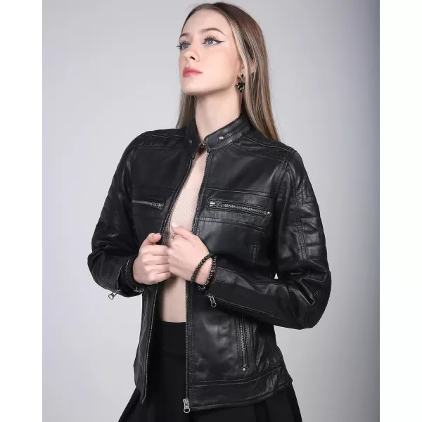 imageBlingsoul Cafe Racer Leather Jacket Womens  Stylish Real Lambskin Leather Jackets for WomenCafe Racer  Black Jacket