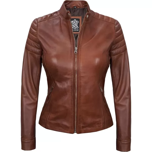 imageBlingsoul Cafe Racer Leather Jacket Womens  Stylish Real Lambskin Leather Jackets for WomenCarrie  Cognac Jacket