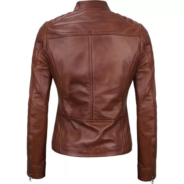 imageBlingsoul Cafe Racer Leather Jacket Womens  Stylish Real Lambskin Leather Jackets for WomenCarrie  Cognac Jacket