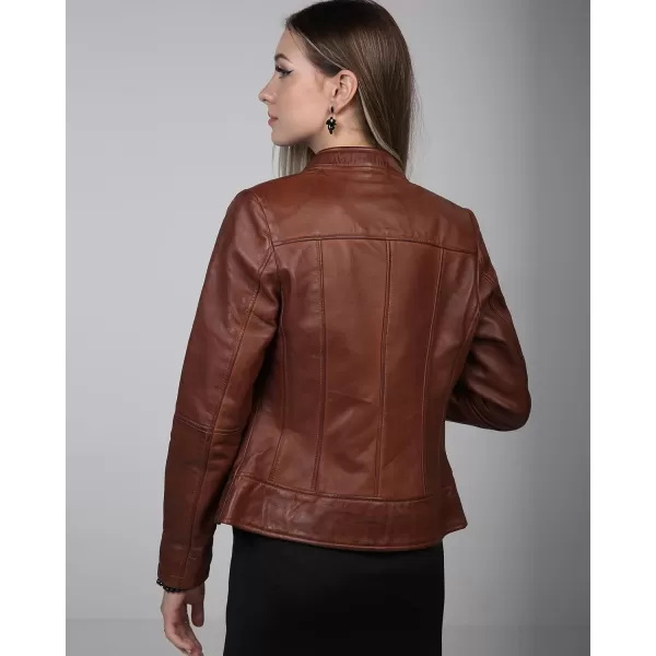 imageBlingsoul Leather Jacket Women  Cafe Racer Real Lambskin Womens Leather JacketAmy  Cognac Jacket