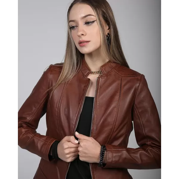 imageBlingsoul Leather Jacket Women  Cafe Racer Real Lambskin Womens Leather JacketAmy  Cognac Jacket