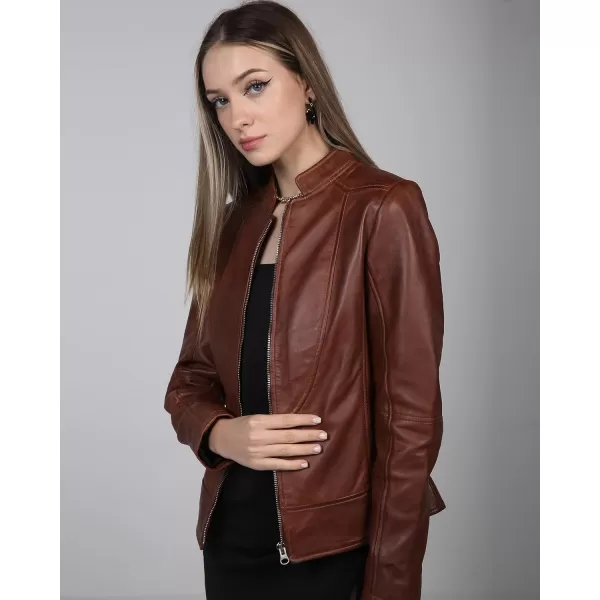 imageBlingsoul Leather Jacket Women  Cafe Racer Real Lambskin Womens Leather JacketAmy  Cognac Jacket