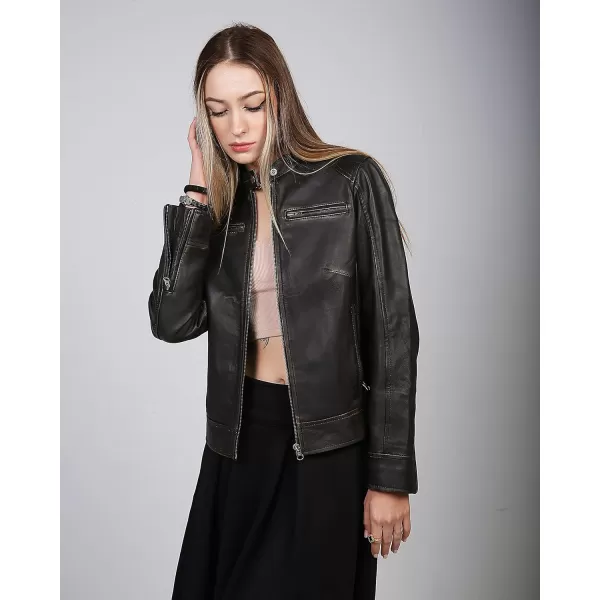 imageBlingsoul Leather Jacket Women  Cafe Racer Real Lambskin Womens Leather JacketDodge  Ruboff Jacket