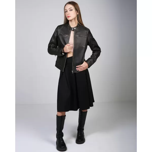 imageBlingsoul Leather Jacket Women  Cafe Racer Real Lambskin Womens Leather JacketDodge  Ruboff Jacket