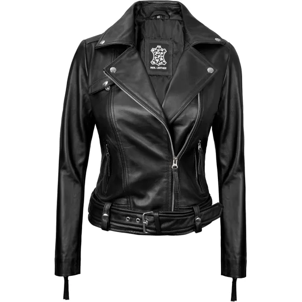 imageBlingsoul Womens Real Leather Motorcycle Jacket  Asymmetrical Leather Jackets for WomenAngela  Black Jacket