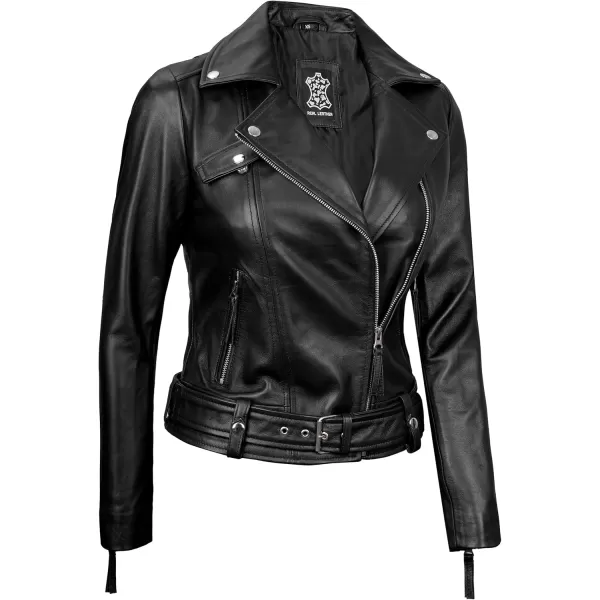 imageBlingsoul Womens Real Leather Motorcycle Jacket  Asymmetrical Leather Jackets for WomenAngela  Black Jacket