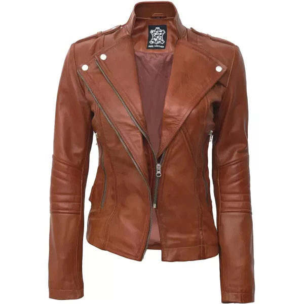 imageBlingsoul Womens Real Leather Motorcycle Jacket  Asymmetrical Leather Jackets for WomenMonica  Tan Jacket