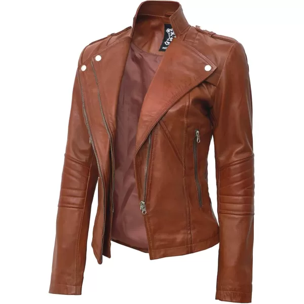 imageBlingsoul Womens Real Leather Motorcycle Jacket  Asymmetrical Leather Jackets for WomenMonica  Tan Jacket