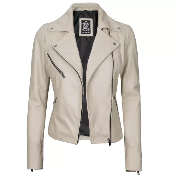 imageBlingsoul Womens Real Leather Motorcycle Jacket  Asymmetrical Leather Jackets for WomenNinfa  Beige Jacket