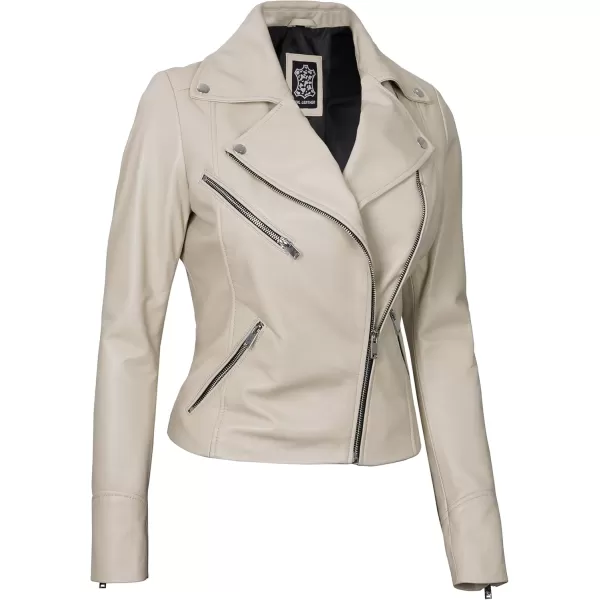 imageBlingsoul Womens Real Leather Motorcycle Jacket  Asymmetrical Leather Jackets for WomenNinfa  Beige Jacket