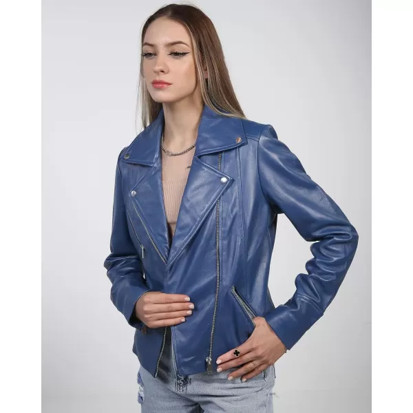 imageBlingsoul Womens Real Leather Motorcycle Jacket  Asymmetrical Leather Jackets for WomenNinfa  Blue Jacket