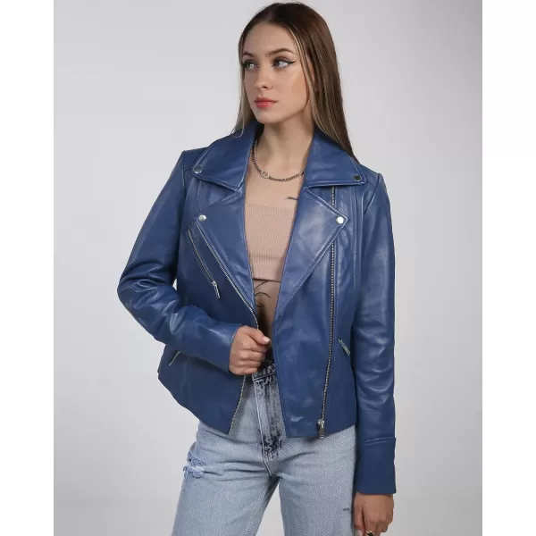 imageBlingsoul Womens Real Leather Motorcycle Jacket  Asymmetrical Leather Jackets for WomenNinfa  Blue Jacket