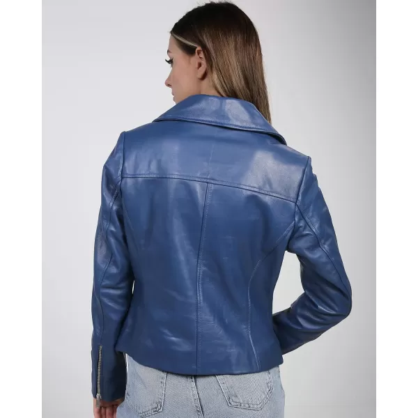 imageBlingsoul Womens Real Leather Motorcycle Jacket  Asymmetrical Leather Jackets for WomenNinfa  Blue Jacket