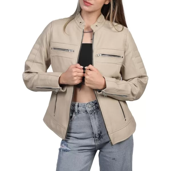 imageBlingsoul Cafe Racer Leather Jacket Womens  Stylish Real Lambskin Leather Jackets for WomenCafe Racer  Beige Jacket