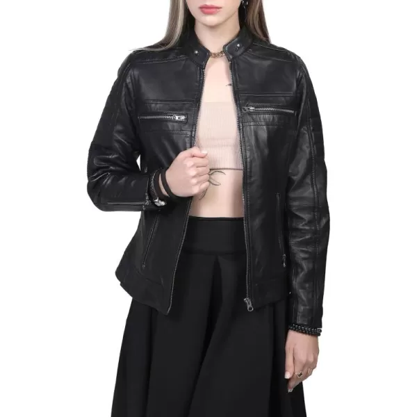 imageBlingsoul Cafe Racer Leather Jacket Womens  Stylish Real Lambskin Leather Jackets for WomenCafe Racer  Black Jacket