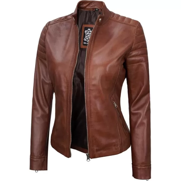 imageBlingsoul Cafe Racer Leather Jacket Womens  Stylish Real Lambskin Leather Jackets for WomenCarrie  Cognac Jacket