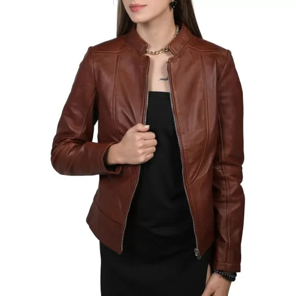 imageBlingsoul Leather Jacket Women  Cafe Racer Real Lambskin Womens Leather JacketAmy  Cognac Jacket