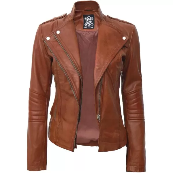 imageBlingsoul Womens Real Leather Motorcycle Jacket  Asymmetrical Leather Jackets for WomenMonica  Tan Jacket