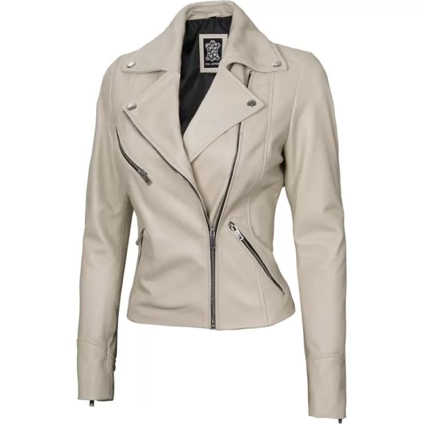 imageBlingsoul Womens Real Leather Motorcycle Jacket  Asymmetrical Leather Jackets for WomenNinfa  Beige Jacket