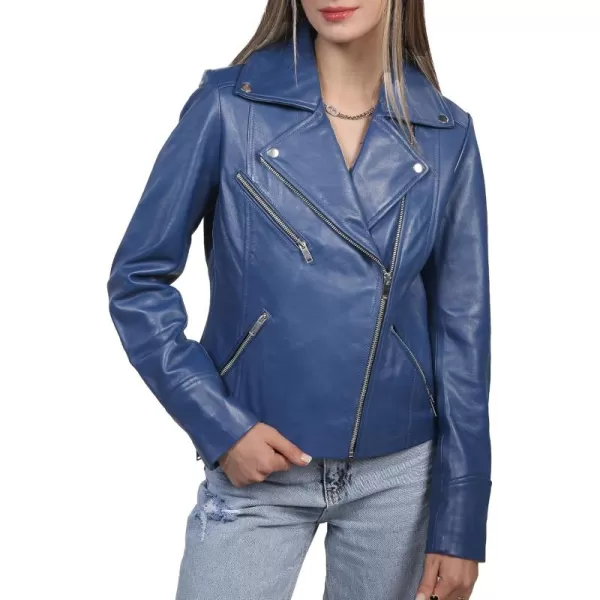 imageBlingsoul Womens Real Leather Motorcycle Jacket  Asymmetrical Leather Jackets for WomenNinfa  Blue Jacket