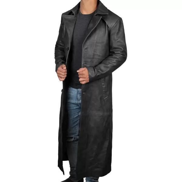 imageBrown Winter Trench Coat Men  Distressed Black Real Leather Long OvercoatBlack  Real Leather Coat