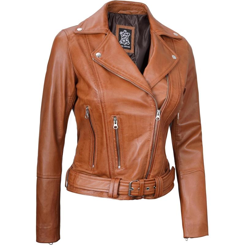 imageBlingsoul Leather Jacket Women  Real Lambskin Leather Asymmetrical Moto Style Jackets For WomensAldo  Brown Jacket