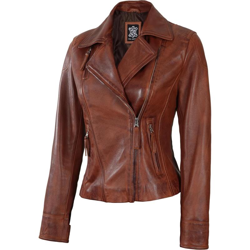 imageBlingsoul Leather Jacket Women  Real Lambskin Leather Asymmetrical Moto Style Jackets For WomensCognac  Ramsey Jacket
