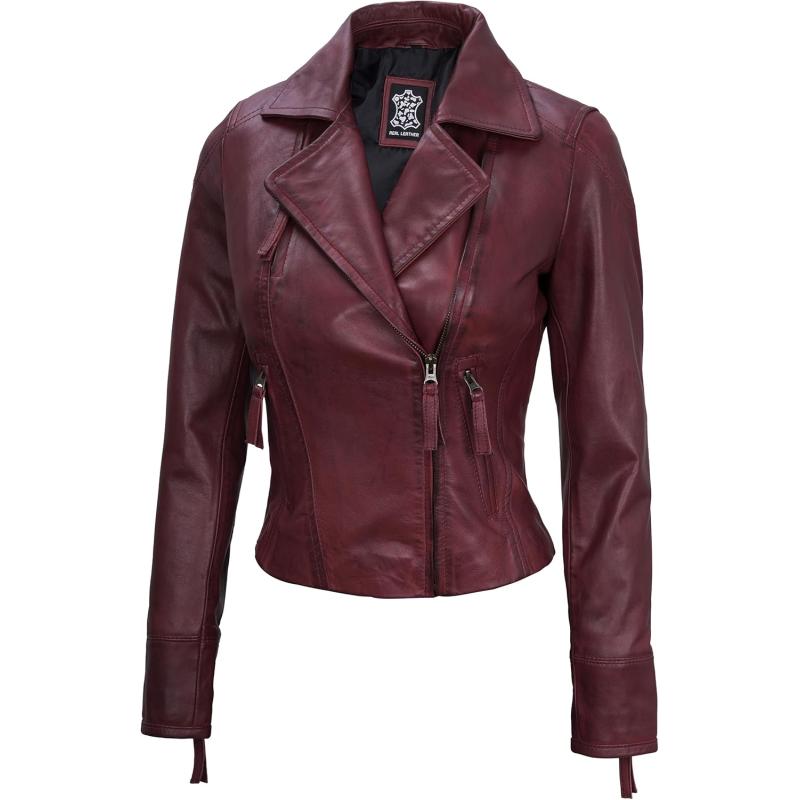 imageBlingsoul Leather Jacket Women  Real Lambskin Leather Asymmetrical Moto Style Jackets For WomensMaroon  Ramsey Jacket