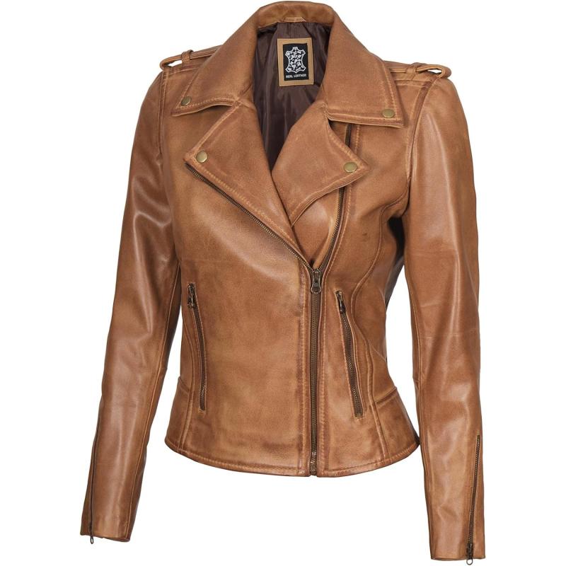 imageBlingsoul Real Lambskin Leather Jacket Women  Asymmetrical Style Womens Leather JacketsKirsten  Camel Brown Jacket