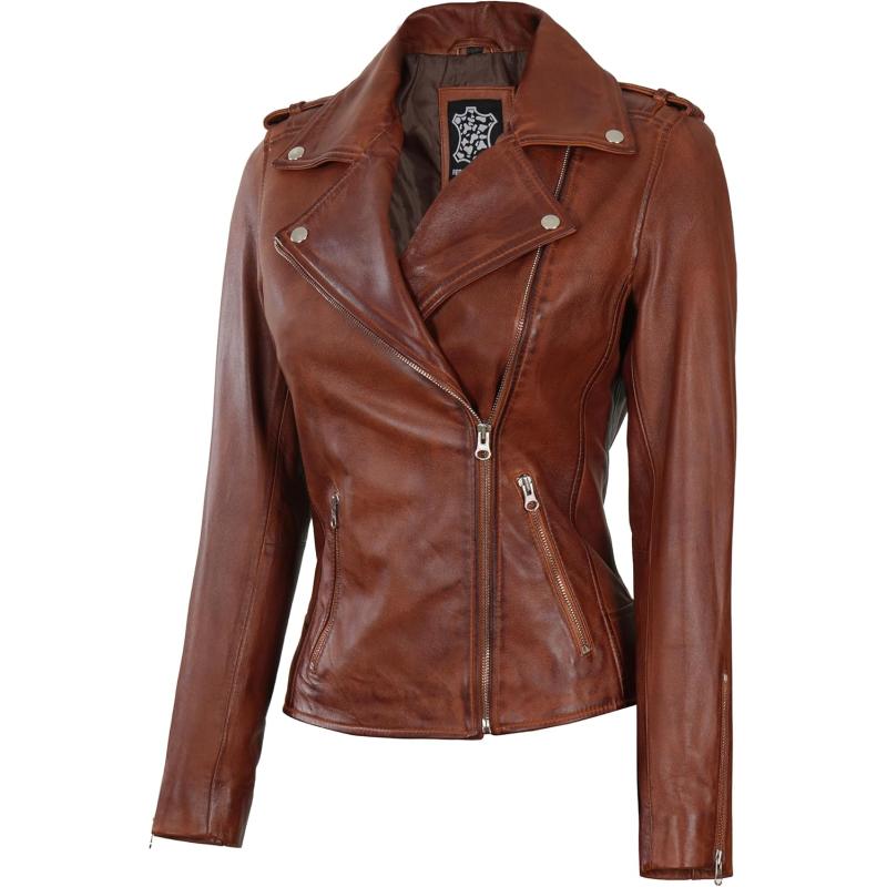 imageBlingsoul Real Lambskin Leather Jacket Women  Asymmetrical Style Womens Leather JacketsKirsten  Cognac Jacket