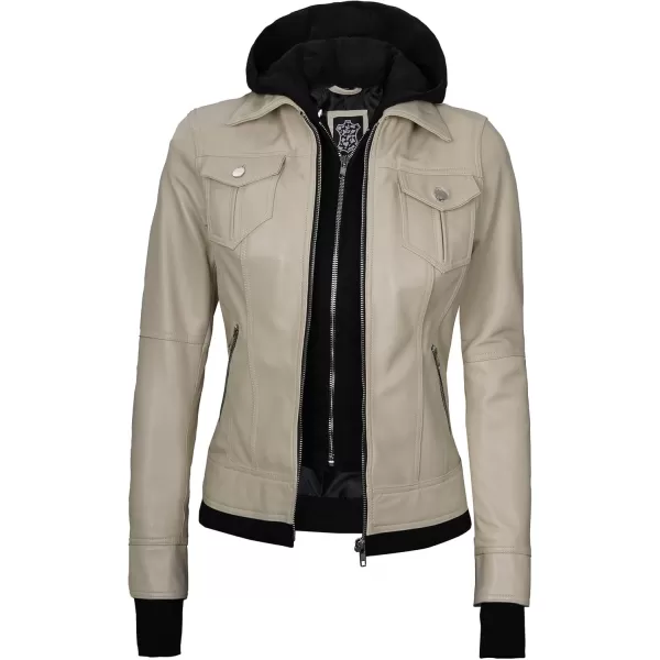 imageBlingsoul Leather Bomber Jacket Women  Real Lambskin Womens Leather Jackets with Removable HoodBeige  Betty Jacket