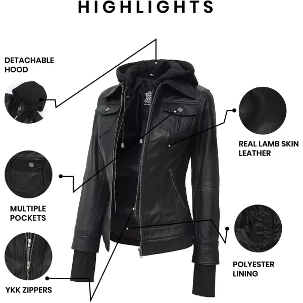 imageBlingsoul Leather Bomber Jacket Women  Real Lambskin Womens Leather Jackets with Removable HoodBlack  Betty Jacket