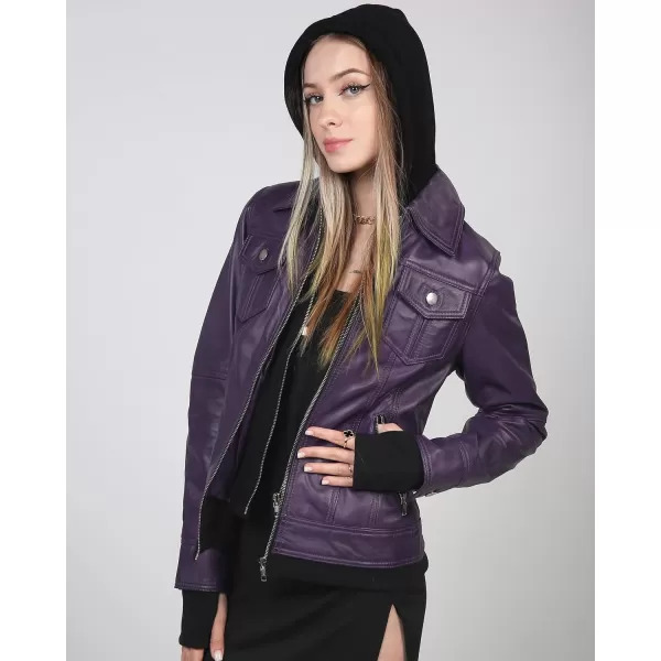 imageBlingsoul Leather Bomber Jacket Women  Real Lambskin Womens Leather Jackets with Removable HoodPurple  Betty Jacket